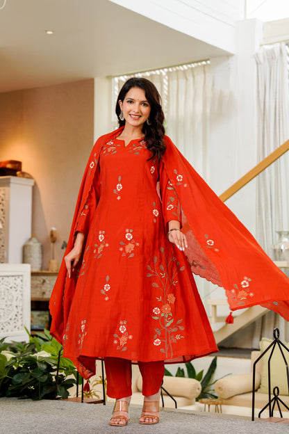 Crimson Bloom Embroidered A-Line Kurta Set with Dupatta