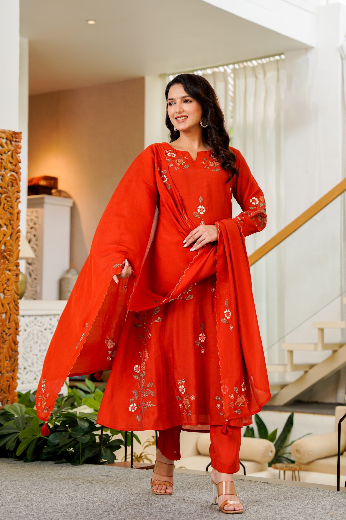 Crimson Bloom Embroidered A-Line Kurta Set with Dupatta