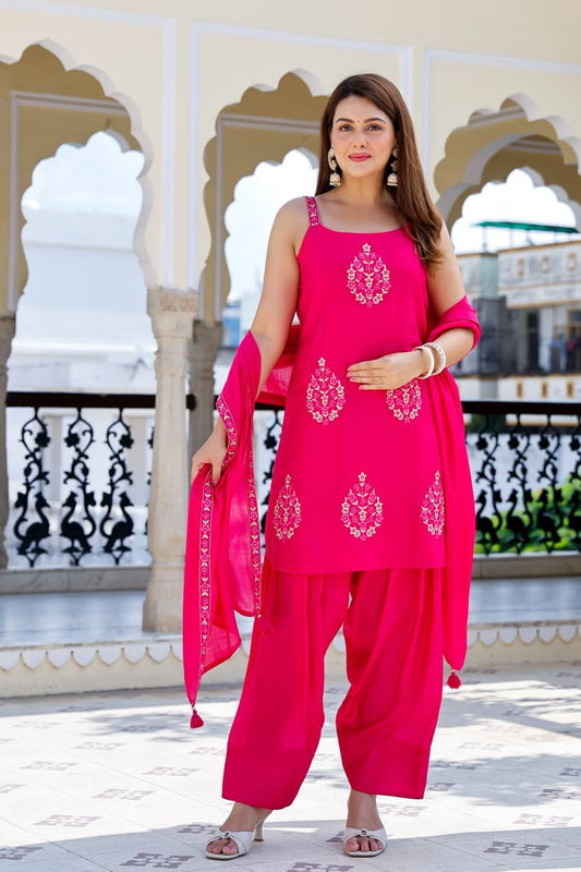 ✨ Women’s Hot Pink Cotton Embroidered Kurta with Patiala & Dupatta Set