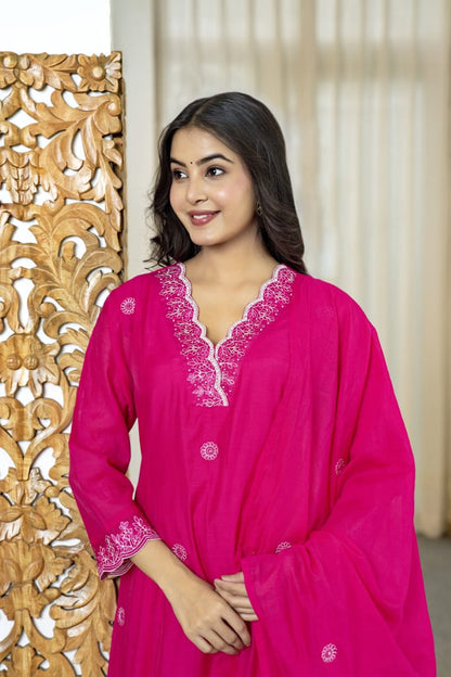 Fuchsia Embroidered Kurta Set with Palazzo & Dupatta