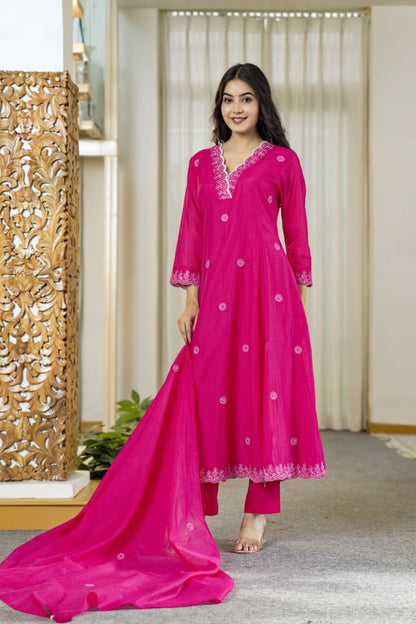 Fuchsia Embroidered Kurta Set with Palazzo & Dupatta