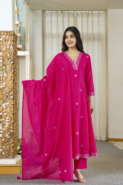 Fuchsia Embroidered Kurta Set with Palazzo & Dupatta