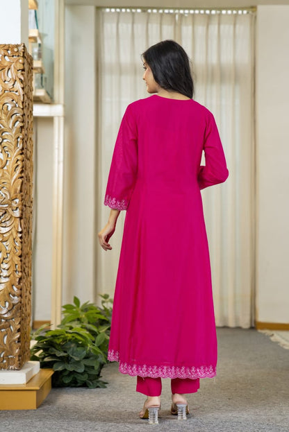 Fuchsia Embroidered Kurta Set with Palazzo & Dupatta
