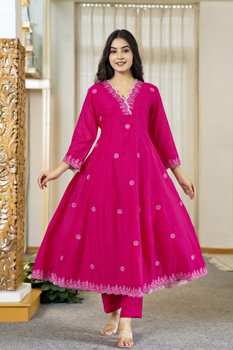 Fuchsia Embroidered Kurta Set with Palazzo & Dupatta