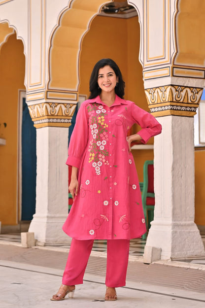 🌸 Elegant Pink Floral Embroidered Kurta Set – Grace in Every Thread