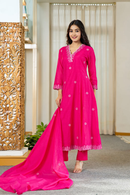 Fuchsia Embroidered Kurta Set with Palazzo & Dupatta