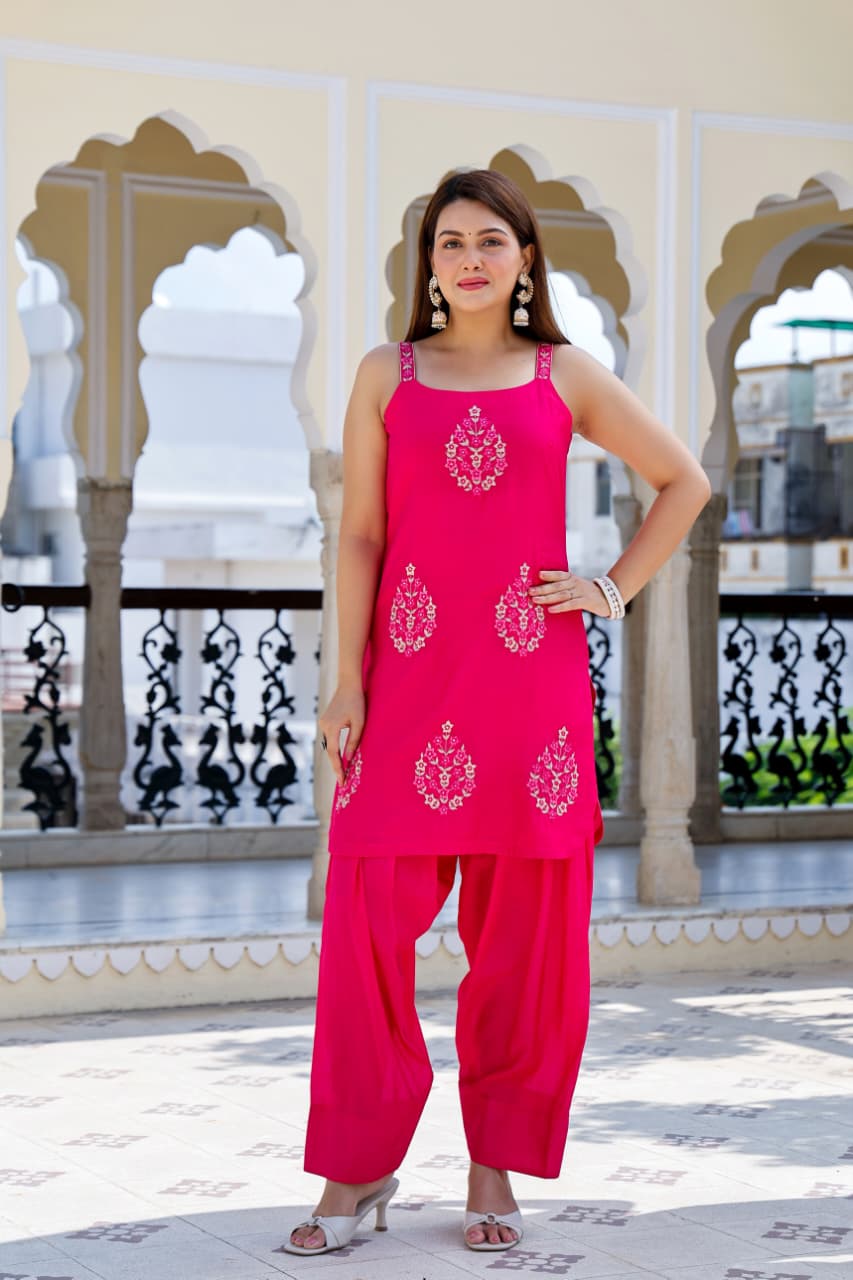 ✨ Women’s Hot Pink Cotton Embroidered Kurta with Patiala & Dupatta Set