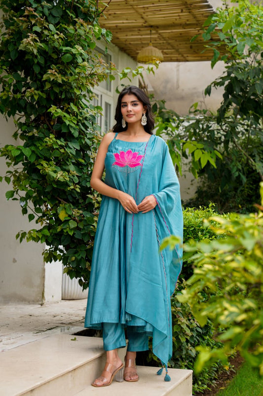 🌸 Teal Blue Lotus Embroidered Anarkali Set