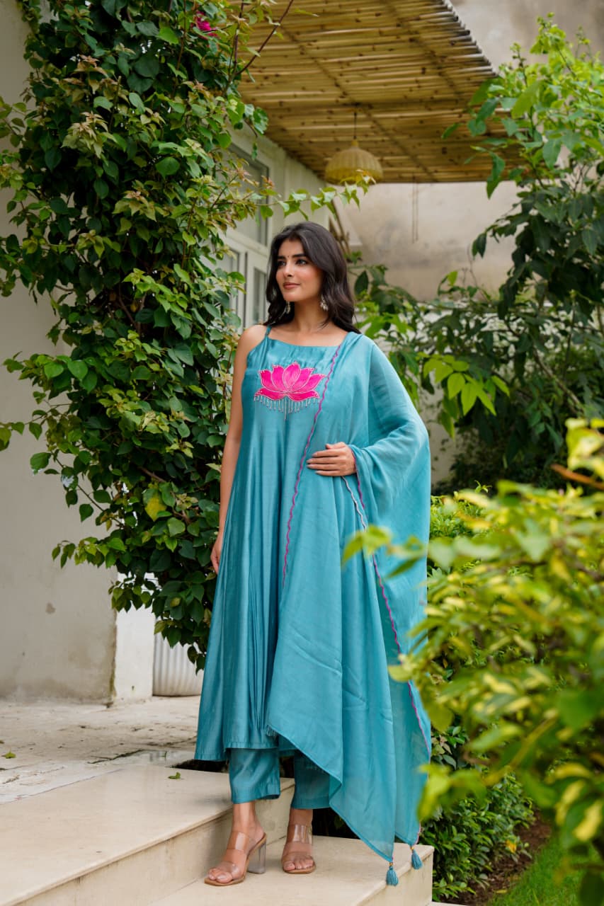 🌸 Teal Blue Lotus Embroidered Anarkali Set
