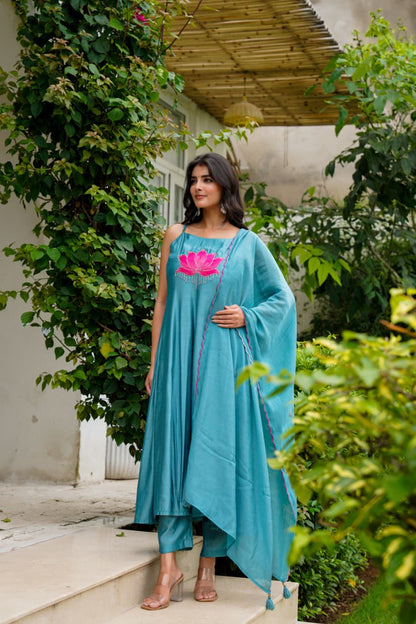 🌸 Teal Blue Lotus Embroidered Anarkali Set