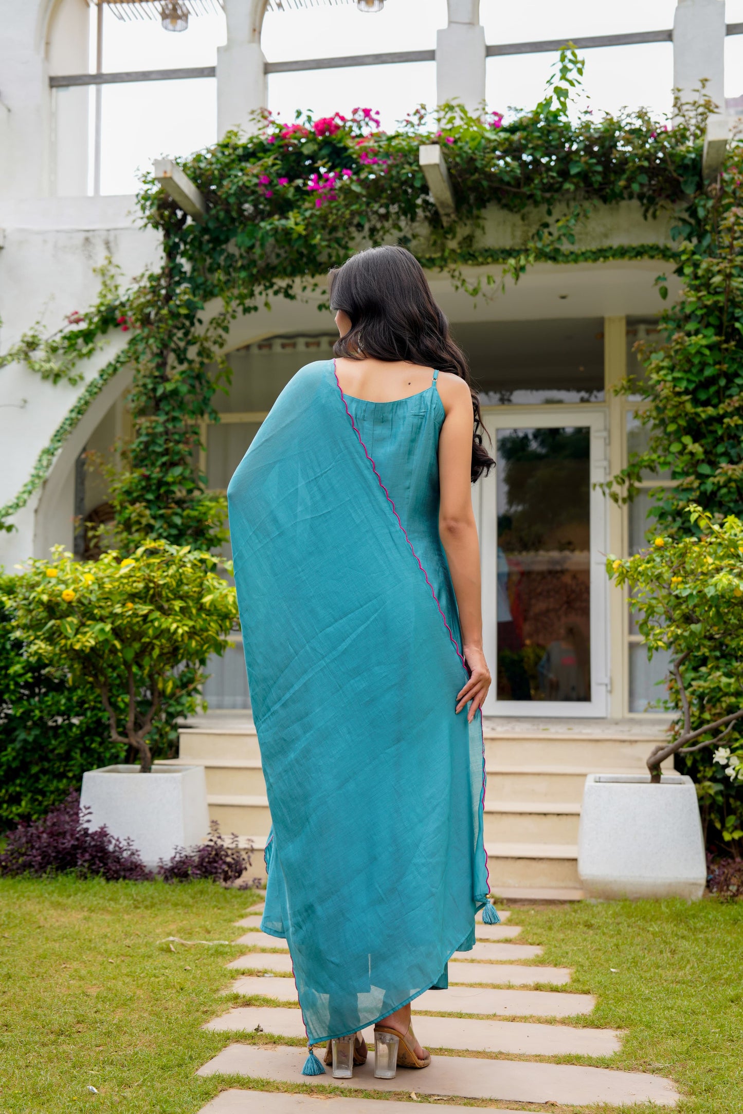 🌸 Teal Blue Lotus Embroidered Anarkali Set