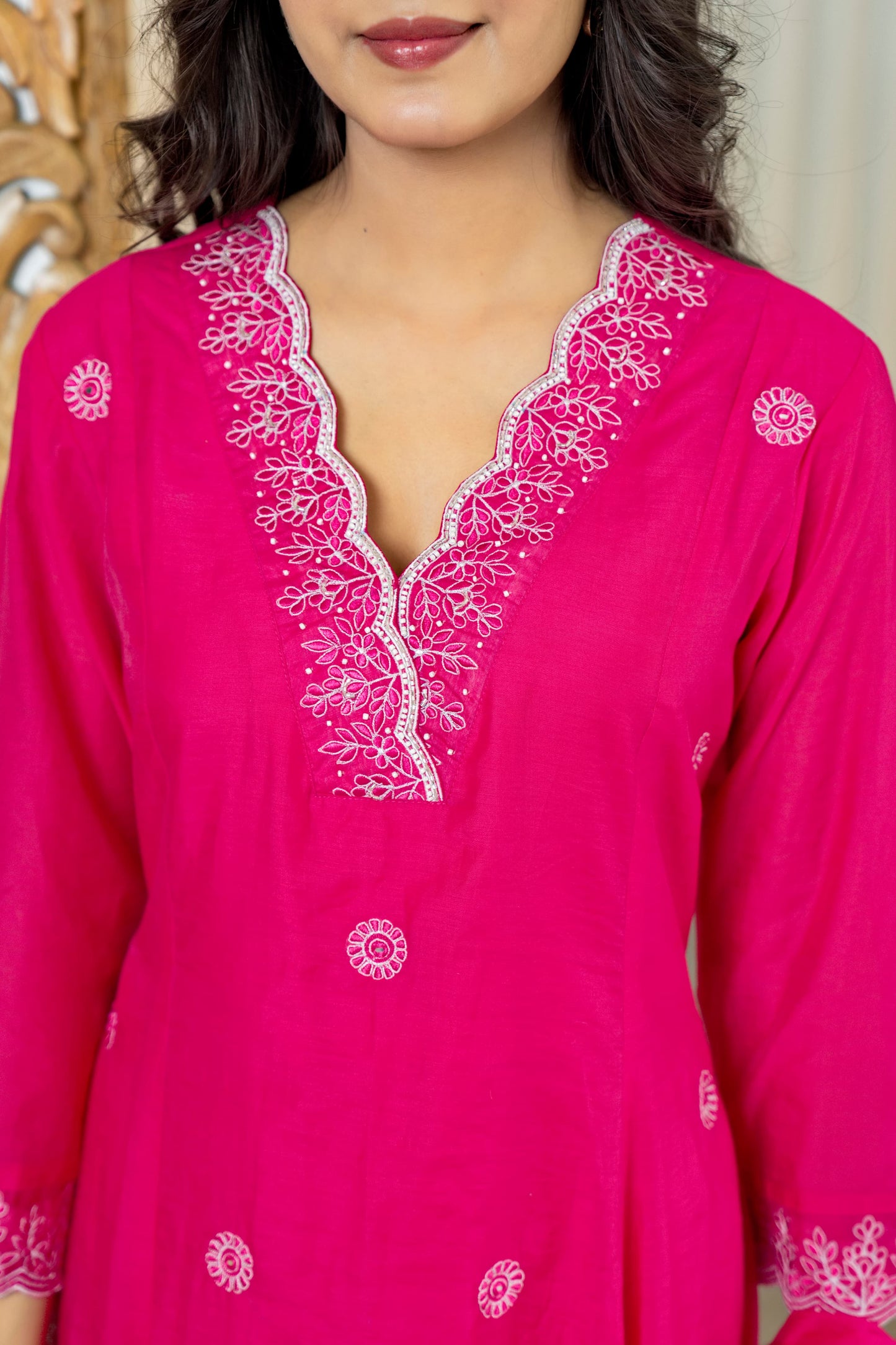 Fuchsia Embroidered Kurta Set with Palazzo & Dupatta