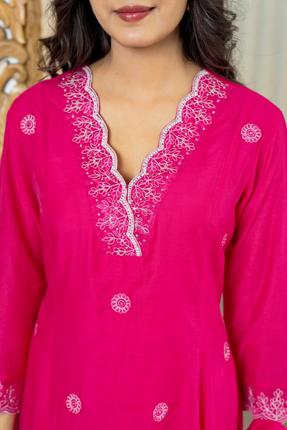 Fuchsia Embroidered Kurta Set with Palazzo & Dupatta
