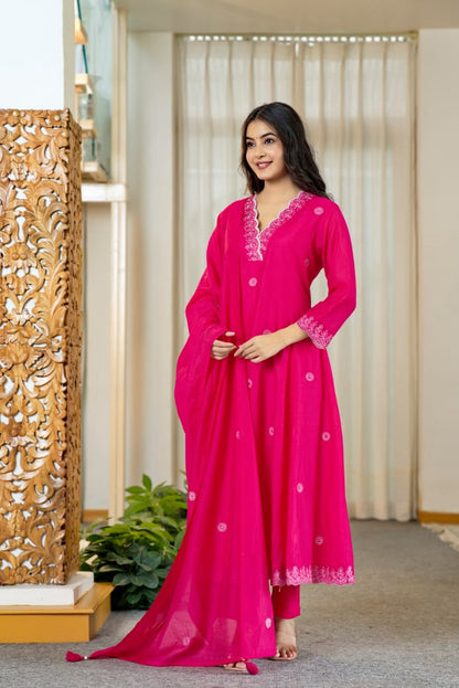 Fuchsia Embroidered Kurta Set with Palazzo & Dupatta