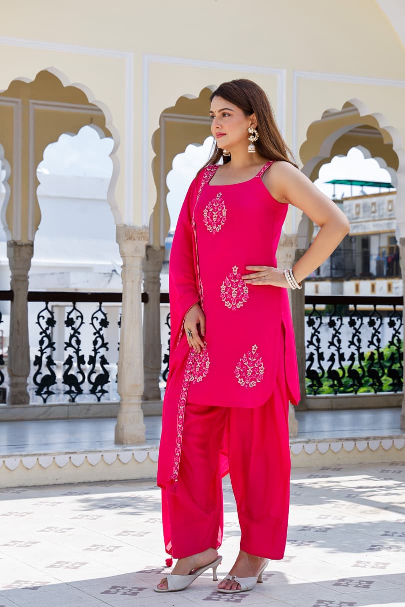 ✨ Women’s Hot Pink Cotton Embroidered Kurta with Patiala & Dupatta Set