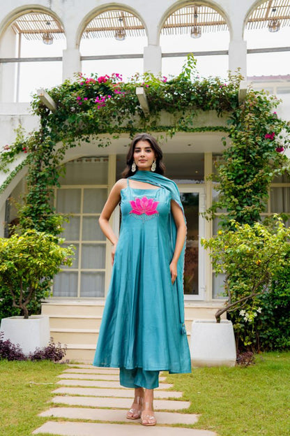 🌸 Teal Blue Lotus Embroidered Anarkali Set