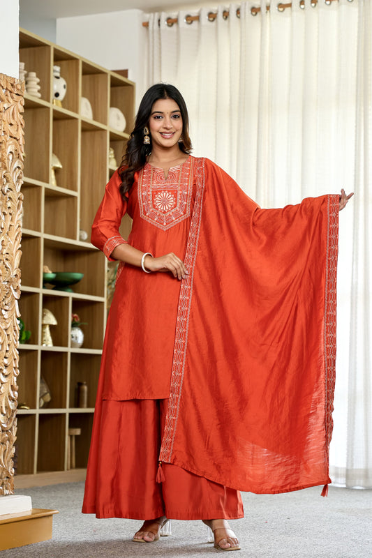 Amy Rust Orange Embroidered Kurta Set with Dupatta