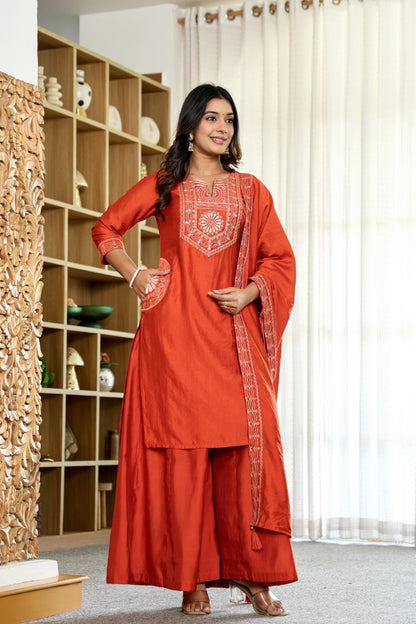 Amy Rust Orange Embroidered Kurta Set with Dupatta
