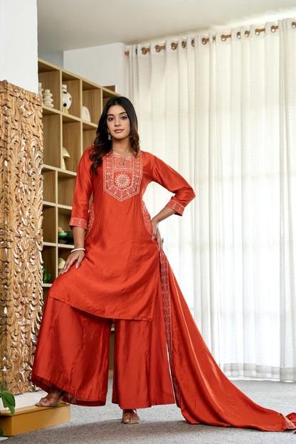 Amy Rust Orange Embroidered Kurta Set with Dupatta