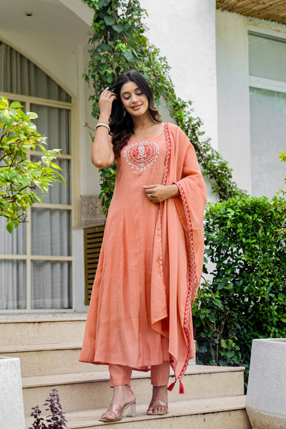 🩰 Peach Grace Embroidered Anarkali Set
