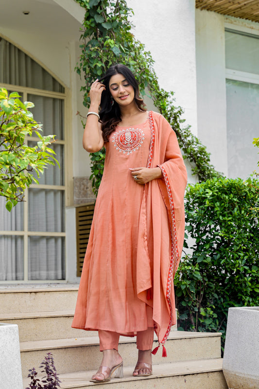 🩰 Peach Grace Embroidered Anarkali Set