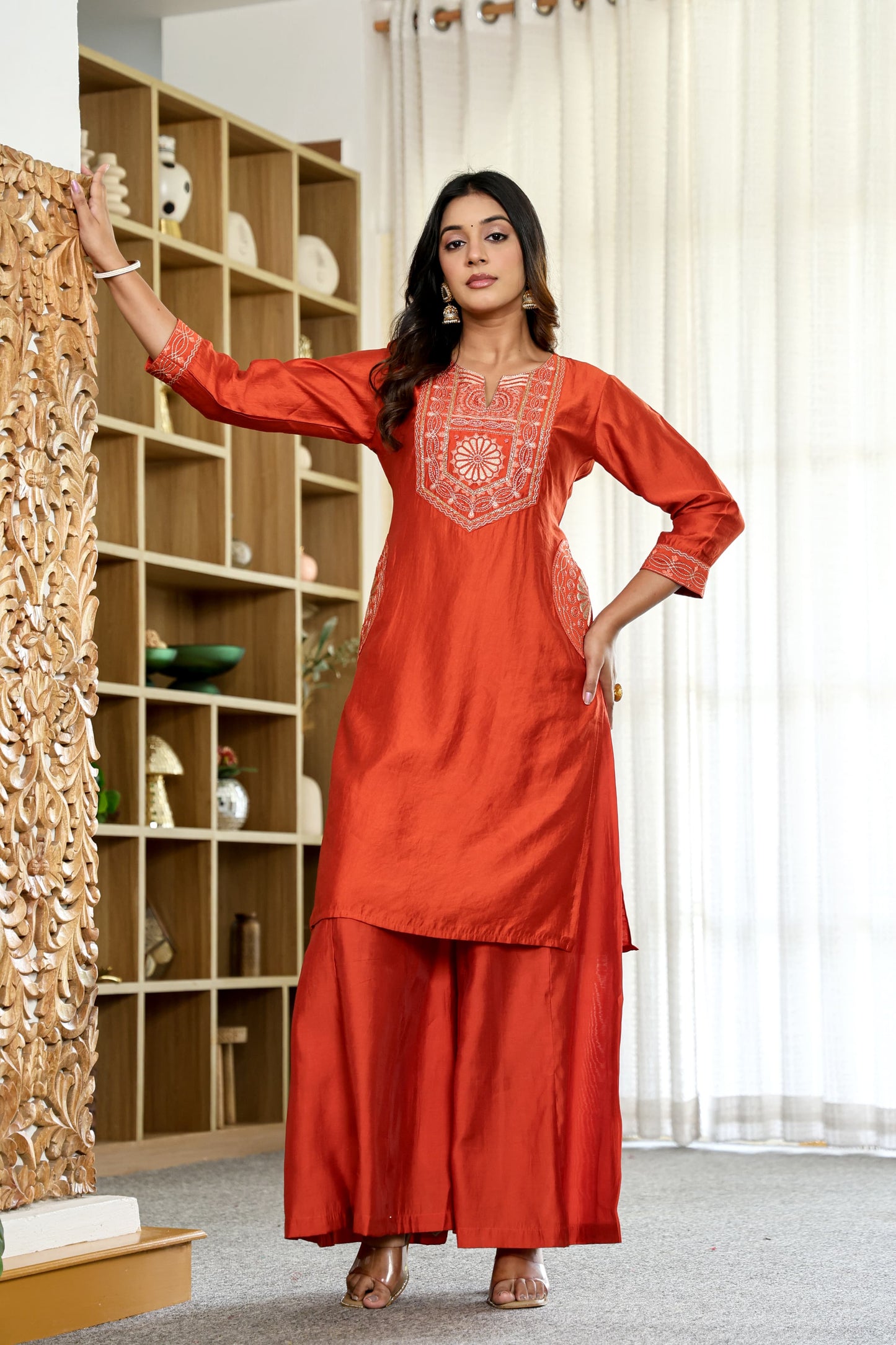 Amy Rust Orange Embroidered Kurta Set with Dupatta