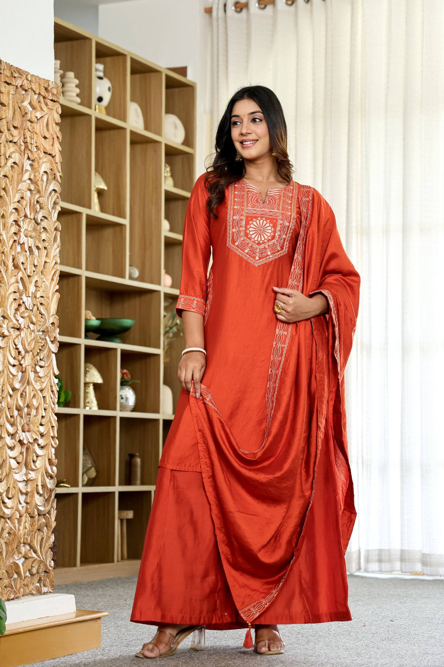 Amy Rust Orange Embroidered Kurta Set with Dupatta