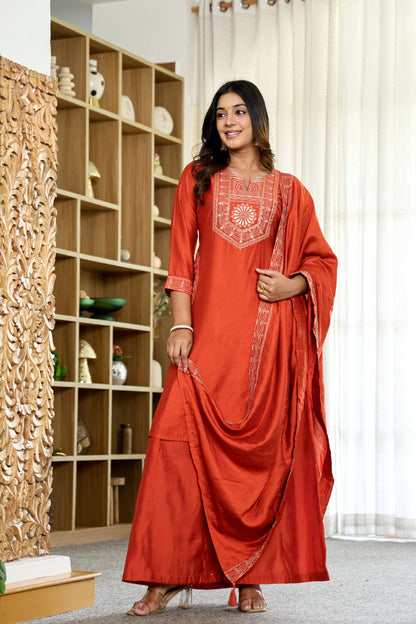 Amy Rust Orange Embroidered Kurta Set with Dupatta
