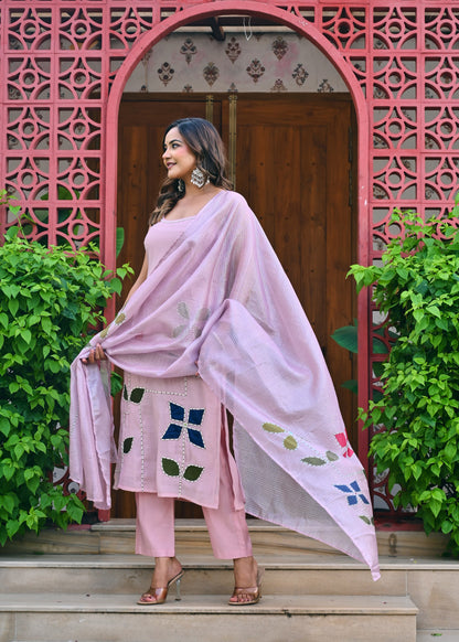 Dratrisha Pink Floral Appliqué Kurta Set with Sheer Dupatta