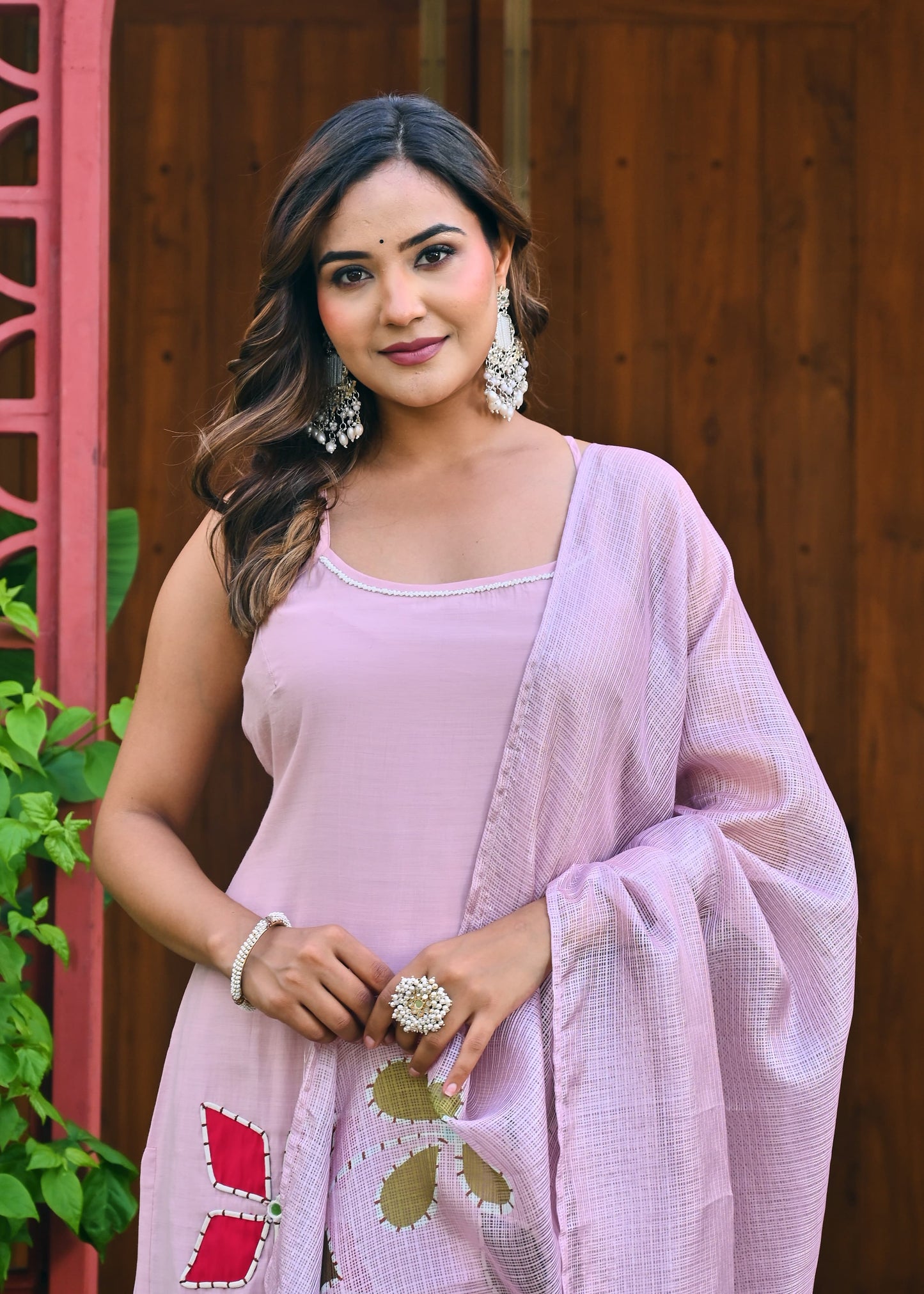 Dratrisha Pink Floral Appliqué Kurta Set with Sheer Dupatta