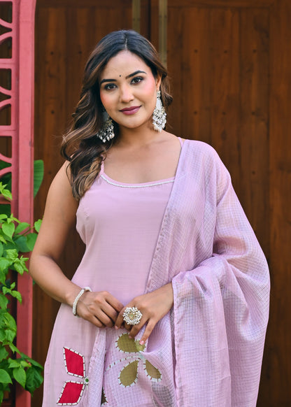 Dratrisha Pink Floral Appliqué Kurta Set with Sheer Dupatta