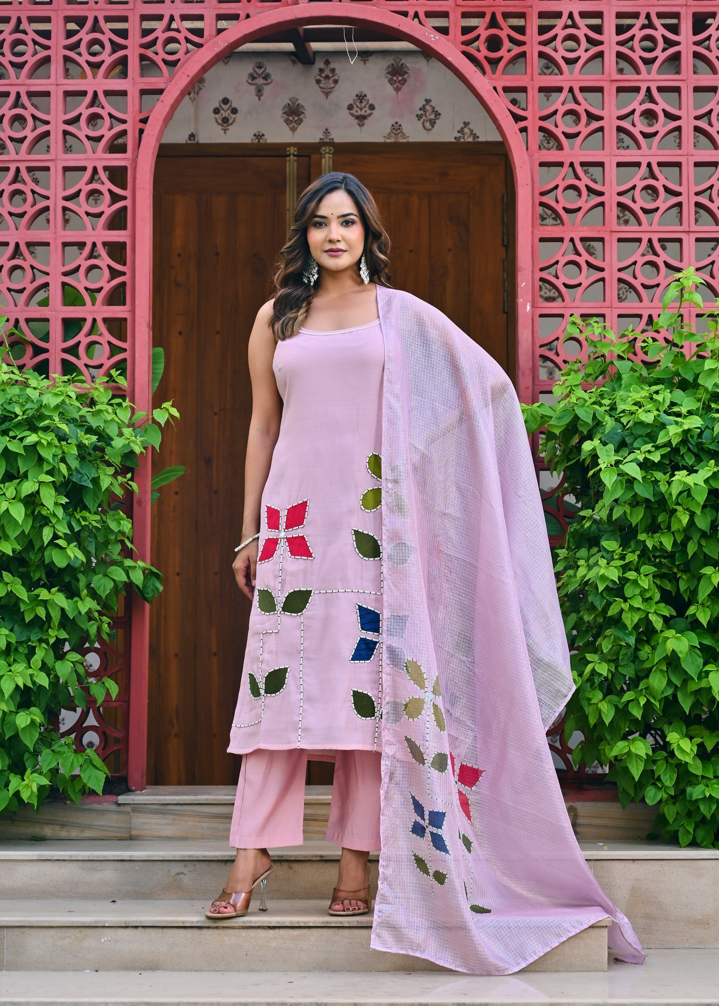 Dratrisha Pink Floral Appliqué Kurta Set with Sheer Dupatta