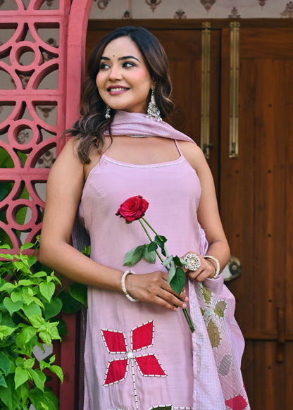 Dratrisha Pink Floral Appliqué Kurta Set with Sheer Dupatta