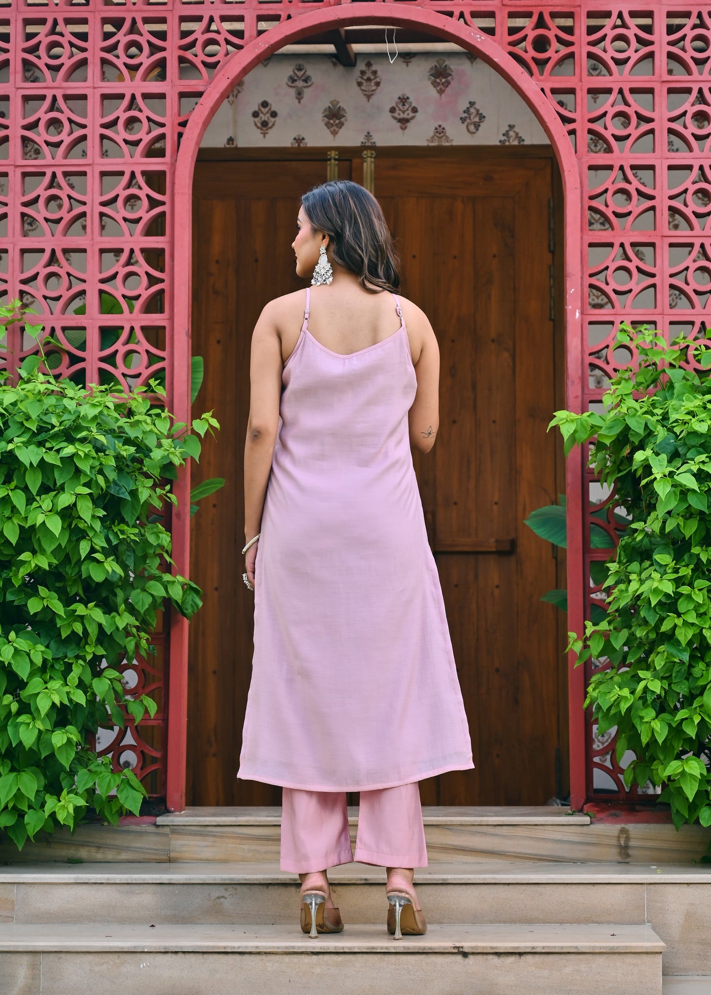 Dratrisha Pink Floral Appliqué Kurta Set with Sheer Dupatta