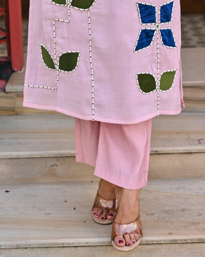 Dratrisha Pink Floral Appliqué Kurta Set with Sheer Dupatta