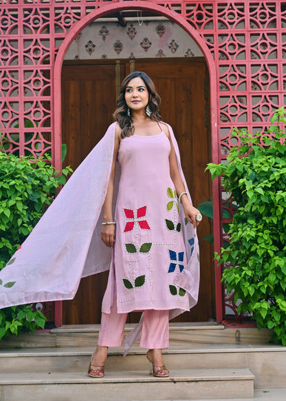 Dratrisha Pink Floral Appliqué Kurta Set with Sheer Dupatta