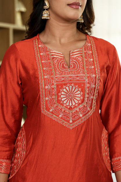 Amy Rust Orange Embroidered Kurta Set with Dupatta