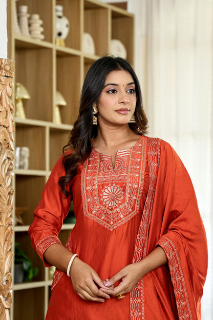 Amy Rust Orange Embroidered Kurta Set with Dupatta