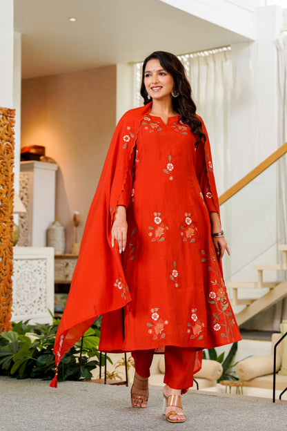Crimson Bloom Embroidered A-Line Kurta Set with Dupatta