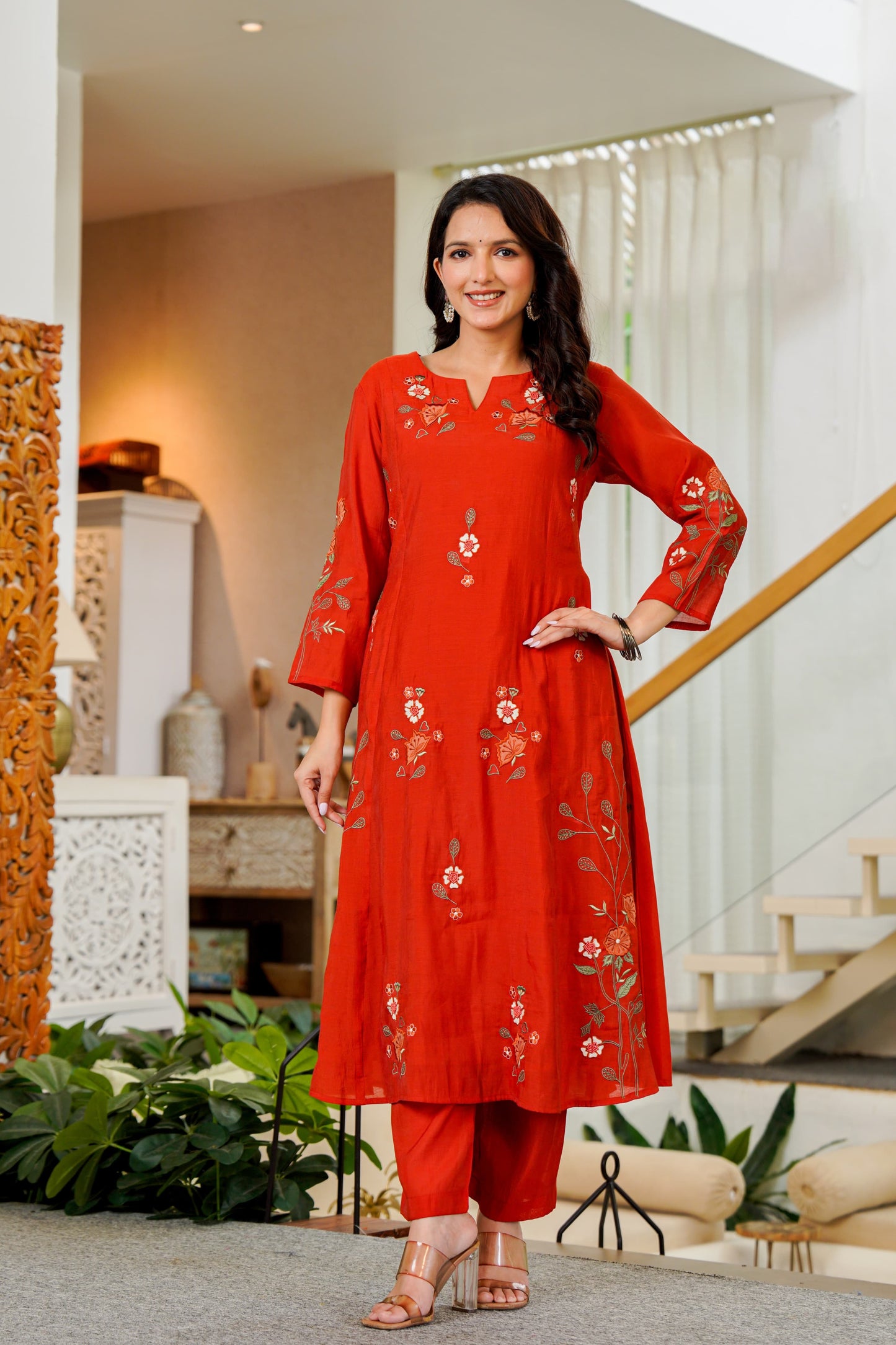 Crimson Bloom Embroidered A-Line Kurta Set with Dupatta