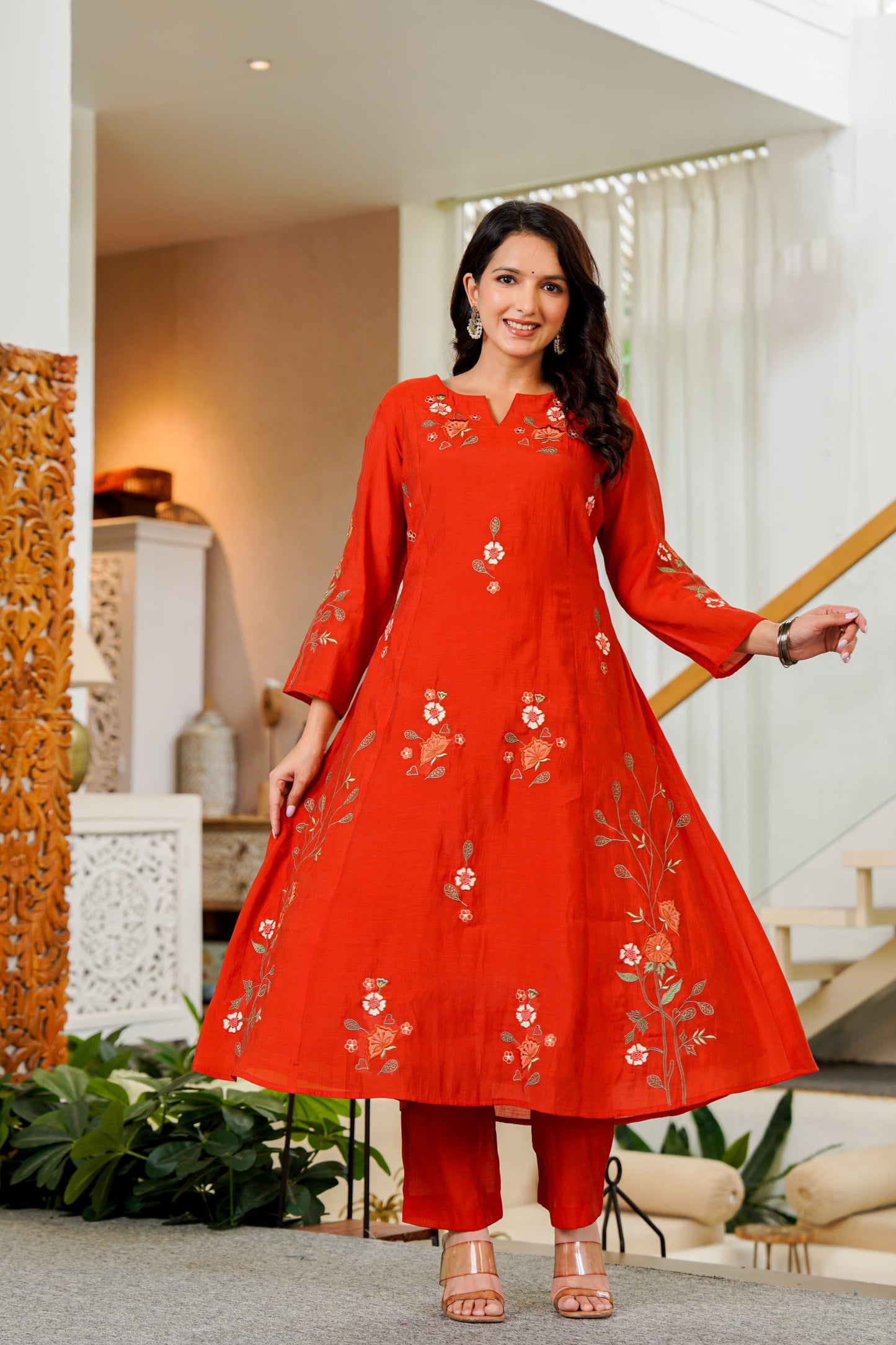 Crimson Bloom Embroidered A-Line Kurta Set with Dupatta