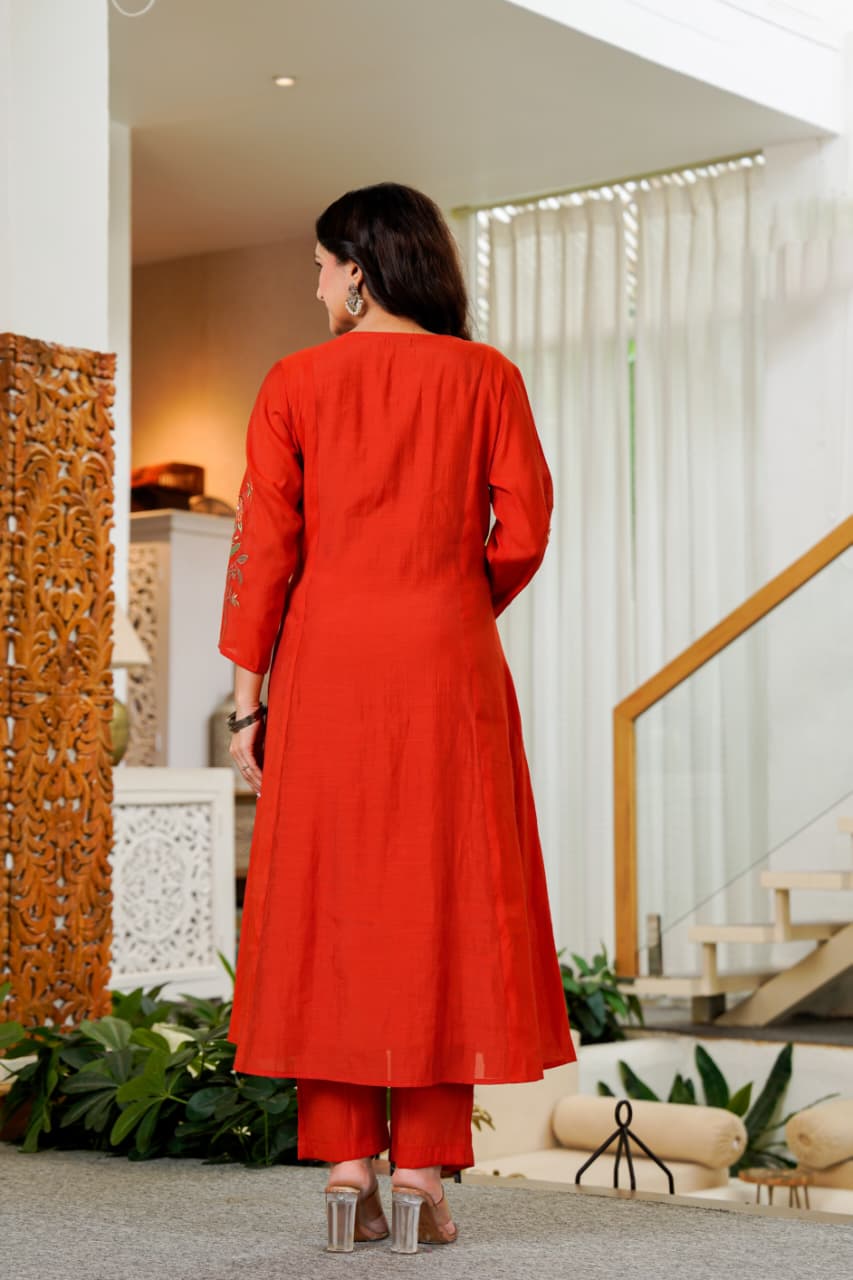 Crimson Bloom Embroidered A-Line Kurta Set with Dupatta