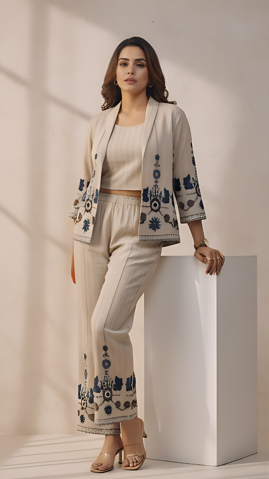 ✨ Elegant Beige 3-Piece Co-ord Set | Embroidered Jacket, Crop Top & Pants | Contemporary Ethnic Fusion