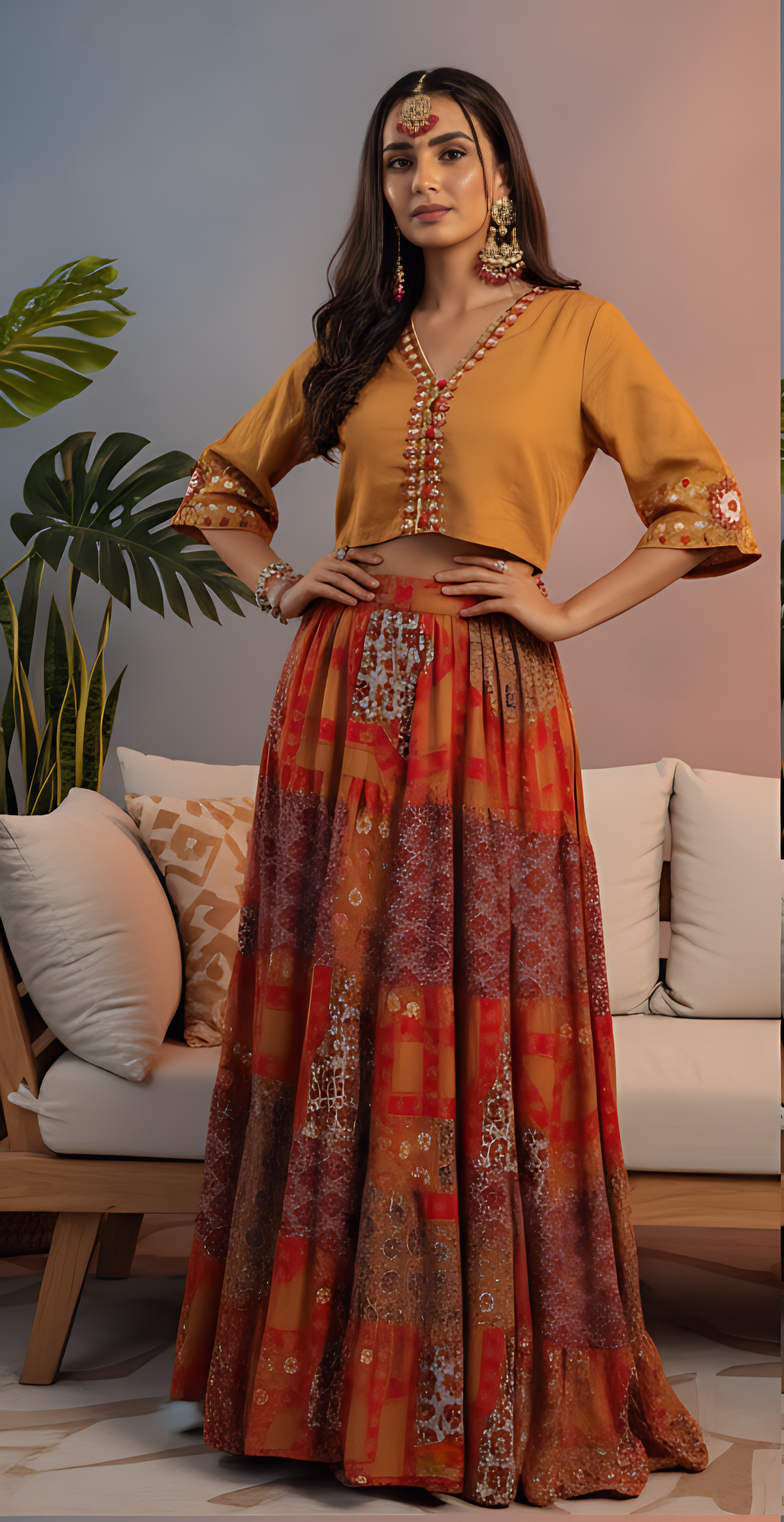 🔥 Boho Royalty Mustard & Red Lehenga Set – Spin, Sparkle & Slay