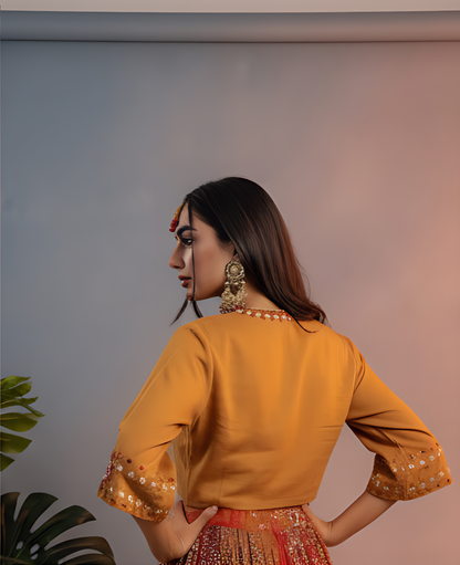 🔥 Boho Royalty Mustard & Red Lehenga Set – Spin, Sparkle & Slay