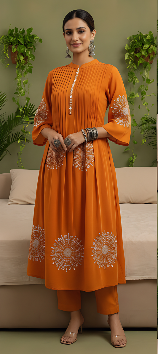 🧡 Mandala Muse - Rust Orange Embroidered Kurta Set