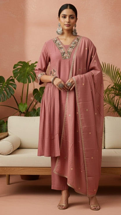 Nimesha Dusty Rose Embroidered Kurta Set with Dupatta