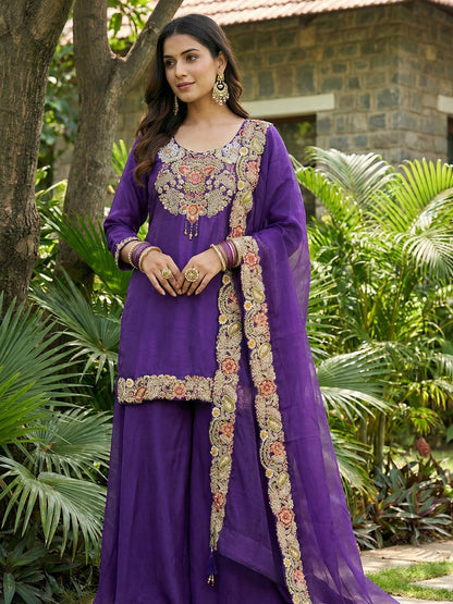 Indira Purple Floral Kurta and Palazzo with Dupatta Set