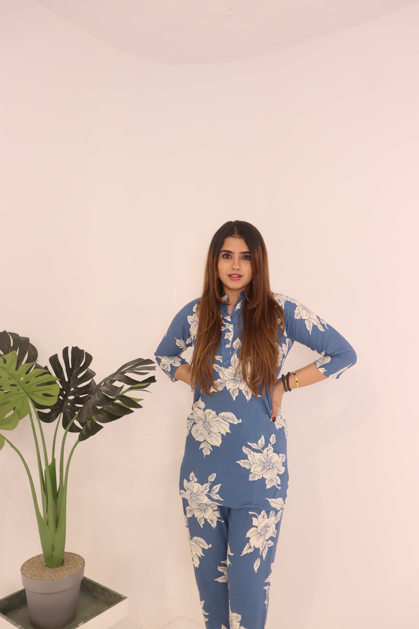 🦋 Floral Breeze Co-Ord Set – Blue & White Elegance