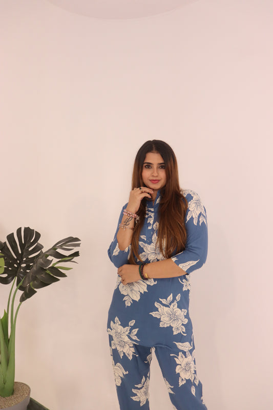 🦋 Floral Breeze Co-Ord Set – Blue & White Elegance